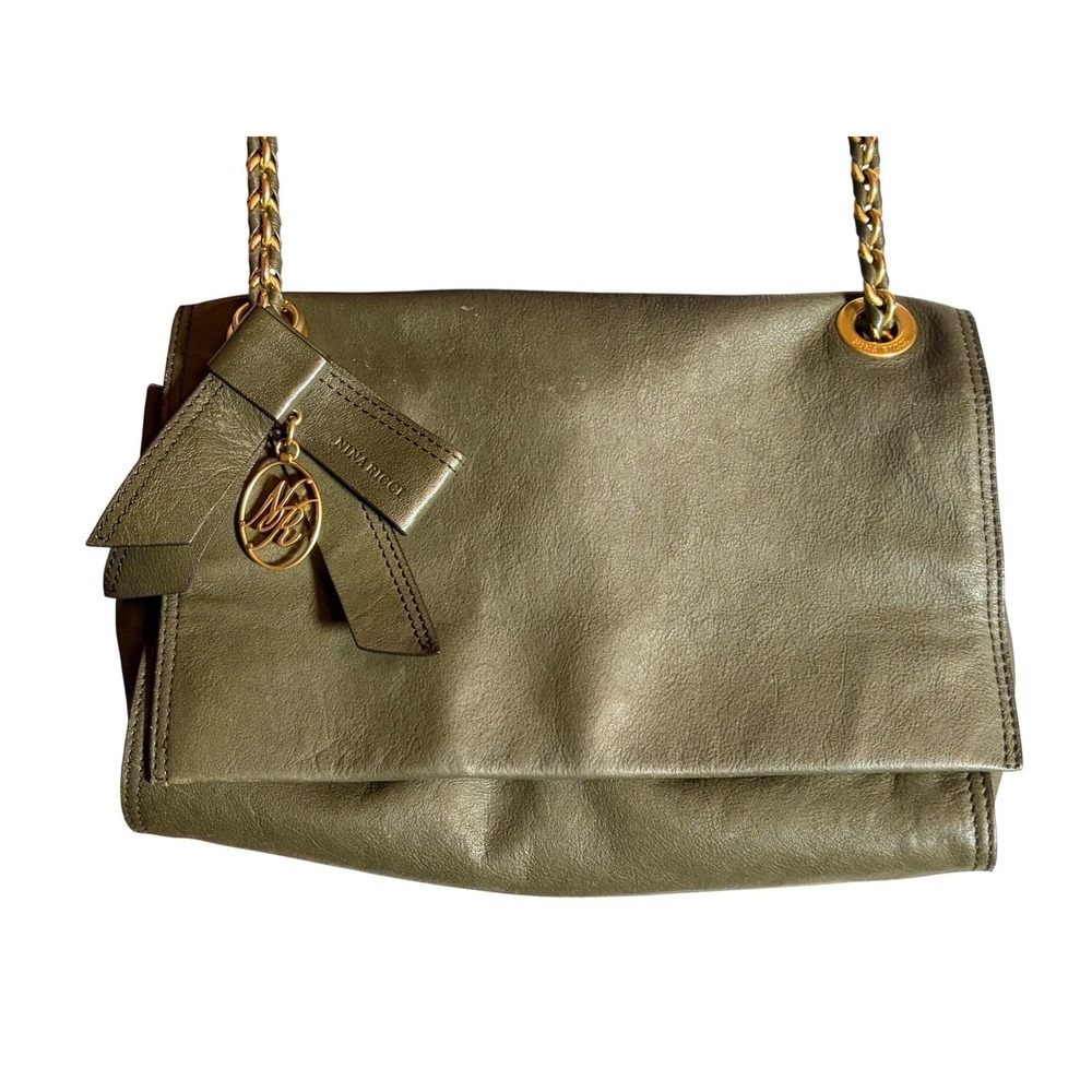 Nina Ricci Green Faux Leather Chain Shoulder Bag Bow Logo Charm Purse Olive